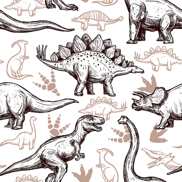 Free Vector | Dinosaurs footprints seamless pattern two-color doodle