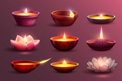 Free Vector | Diwali celebration set with decorative colourful images of burning candles with different pattern and shape illustration
