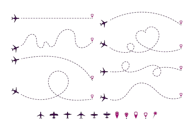 Free Vector | Dotted airplane trajectories cartoon illustration set. path or way of plane, aircraft of jet in shape of heart, line or circles with destination point or location mark. travel, distance, route concept