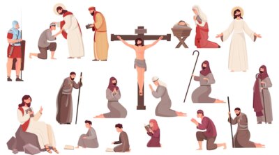 Free Vector | Easter flat icons set with crucifixion resurrection and birth of jesus christ and praying people isolated on white background vector illustration