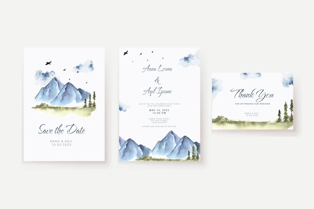 Free Vector | Elegant mountain watercolor wedding invitation template