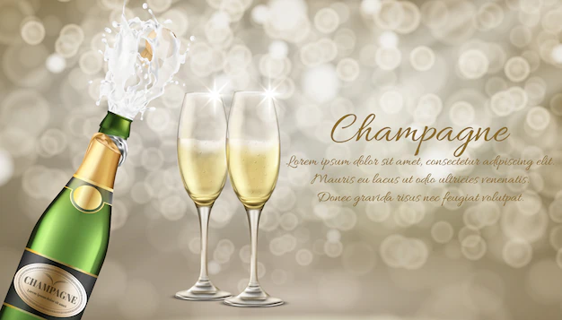 Free Vector | Elite champagne realistic vector advertising banner template. champagne splashing from bottle with flying out cork, two wineglasses filled sparkling wine or carbonated alcohol drink illustration