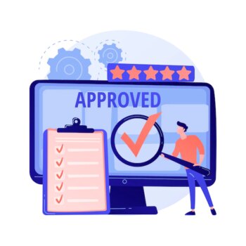 Free Vector | Expert approved. cartoon character holding checkmark symbol on hand. finished task, done sign. satisfactory, official sanction, acceptance.