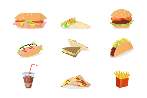 Free Vector | Fast food set burgers and sandwiches soda and fries