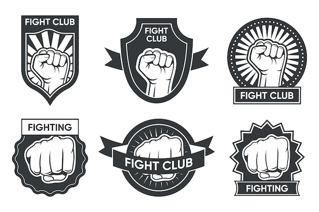 Free Vector | Fight club logo set. vintage monochrome emblems with arm and clenched fist, medal and ribbon. vector illustration collection for boxing or kickboxing, martial arts club labels