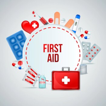 Free Vector | First aid kit realistic circular frame composition of medical emergency treatment supplies with bandage pills