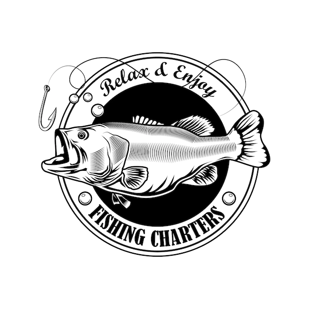 Free Vector | Fishing charter stamp vector illustration. fish, hook and text on ribbon. fishing concept for camp emblems and labels templates