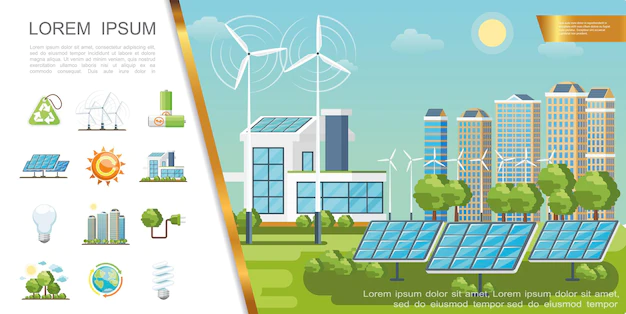 Free Vector | Flat eco city concept with solar panels wind turbines modern buildings recycling sign lightbulbs green trees batteries globe sun plug