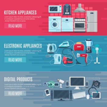 Free Vector | Flat horizontal household banners set of kitchen equipment electronic appliances and digital product
