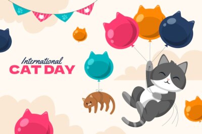 Free Vector | Flat international cat day background with cats and balloons