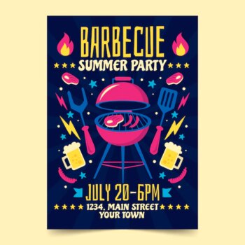 Free Vector | Flat summer barbecue poster template with grill and food