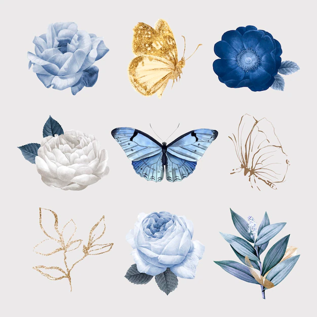 Free Vector | Flower & butterfly illustration vector set, remixed from vintage public domain images