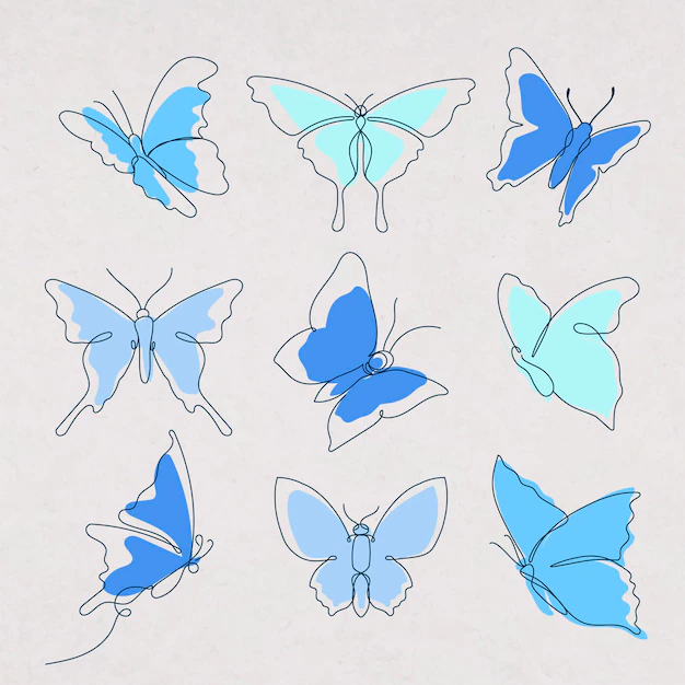 Free Vector | Flying butterfly sticker, blue line art vector animal illustration set
