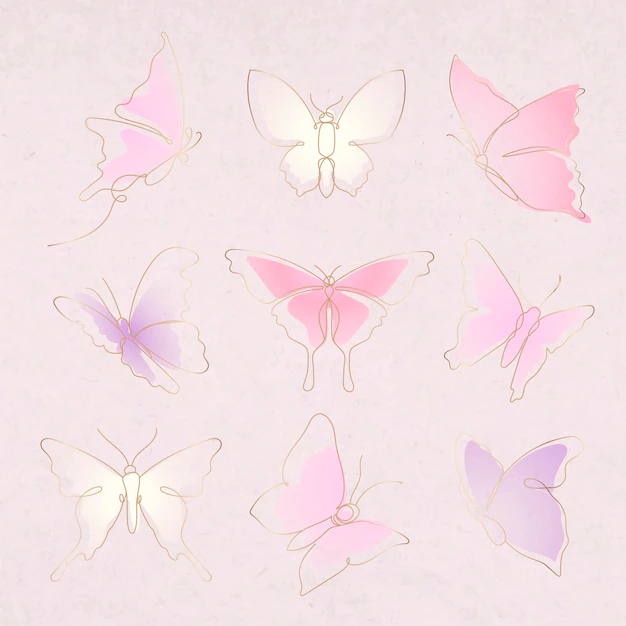 Free Vector | Flying butterfly sticker, pink gradient line art vector animal illustration set