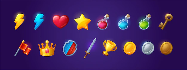 Free Vector | Game icons with heart, lightning, coins and star