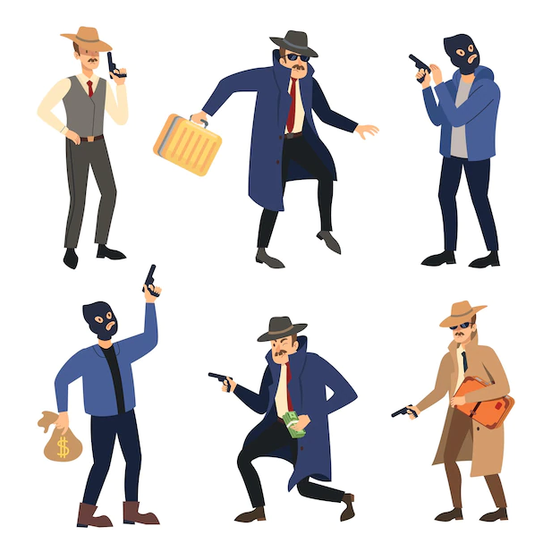 Free Vector | Gangster characters set. vector illustrations of comic criminals with hat or black mask. cartoon mafia boss with money suitcase, bandit killer with pistol isolated on white. crime, robbery concept