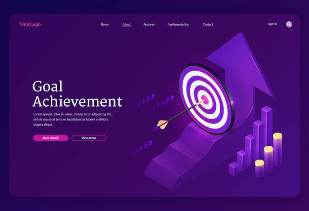 Free Vector | Goal achievement isometric landing page. business target strategy, arrow stuck in center of shooting aim and growing graphs. financial success, entrepreneurship, grow market 3d vector web banner