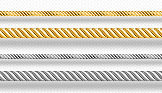 Free Vector | Gold and silver ropes twisted twines isolated on white wall  realistic set of d golden and metal satin cords decoration borders of straight silk strings