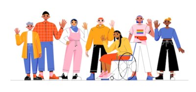 Free Vector | Group of multiracial people girl in wheelchair lgbt person and elderly woman concept of multiracial and multicultural community vector flat illustration of diverse characters