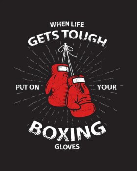 Free Vector | Grunge boxing motivation poster and print with boxing gloves, text, sunburst and grunge texture.