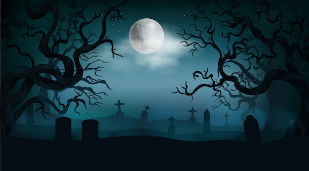 Free Vector | Halloween background with old cemetery gravestones spooky leafless trees full moon on night sky realistic illustration