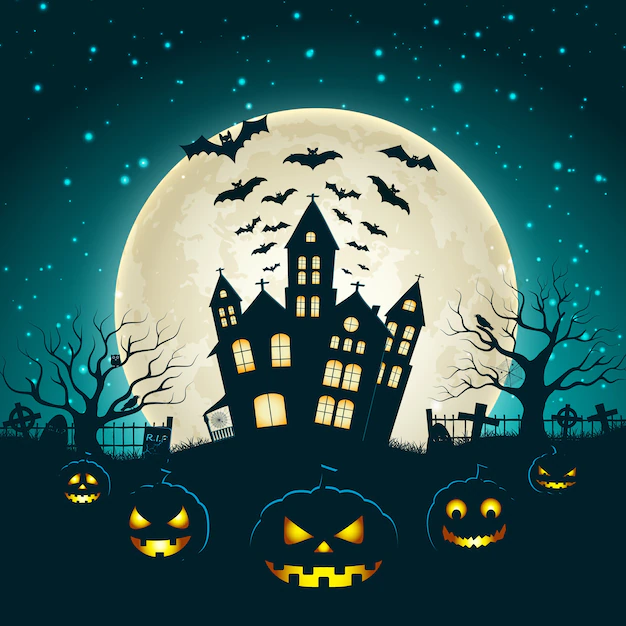 Free Vector | Halloween illustration with silhouette of castle at glowing moon and dead trees near cemetery crosses flat