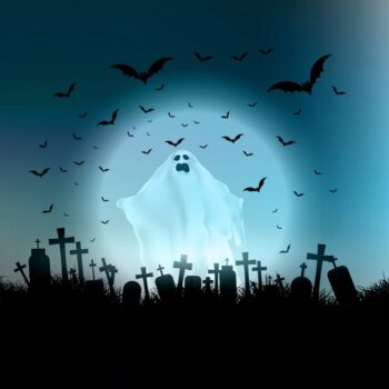 Free Vector | Halloween landscape with ghostly figure and cemetery