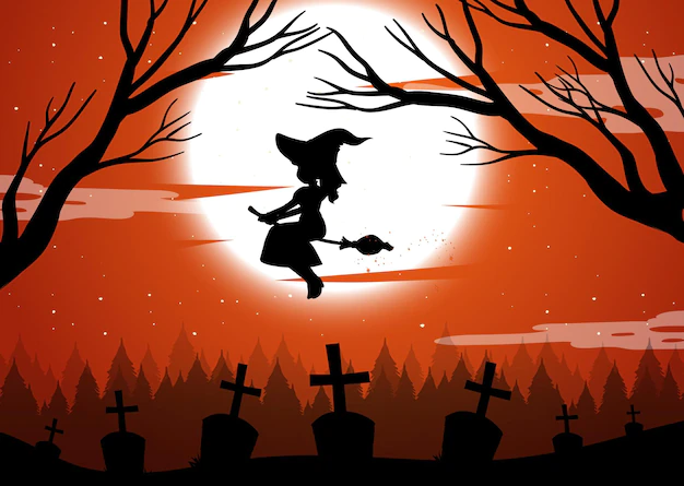 Free Vector | Halloween night background with witch silhouette