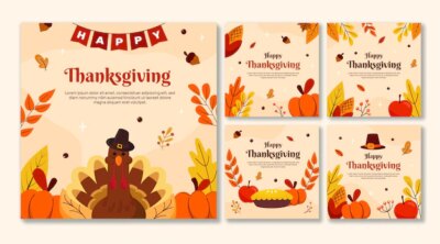 Free Vector | Hand drawn flat thanksgiving instagram posts collection
