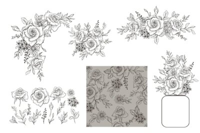 Free Vector | Hand drawn line art rose arrangement isolated and seamless pattern