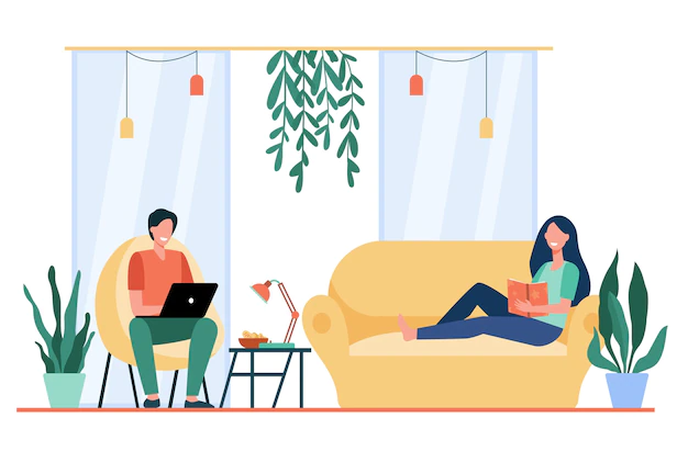 Free Vector | Happy couple resting on sofa and in armchair in living room, reading book, watching movie on laptop.