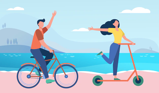 Free Vector | Happy couple riding bike and scooter outdoors. people moving along seaside flat illustration.
