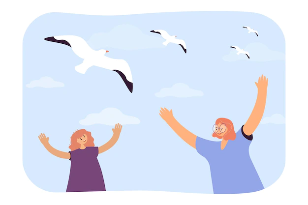 Free Vector | Happy girls looking at seagulls in sky flat vector illustration. smiling friends raising hands, spending summer vacation at sea. travel, trip concept for banner, website design or landing web page