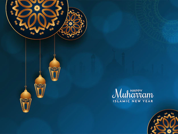 Free Vector | Happy muharram and islamic new year blue color religious background vector