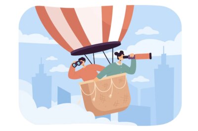 Free Vector | Happy people in air balloon flat vector illustration. man and woman or employees looking through binoculars and searching for creative vacancies, finding work. job hunting, research concept