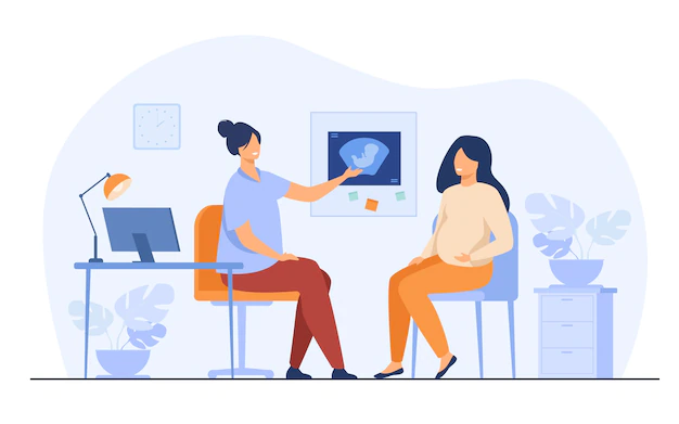 Free Vector | Happy pregnant woman consulting in gynecology office isolated flat vector illustration. cartoon female patient talking with doctor in hospital. medicine and pregnancy concept