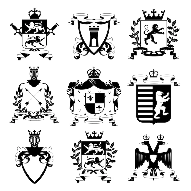 Free Vector | Heraldic coat of arms family crest and shields emblems design black icons collection abstract isolated vector illustration