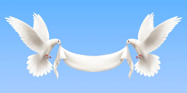 Free Vector | Horizontal composition with two white flying doves on blue  holding empty white banner in its beak as symbol of peace and harmony realistic