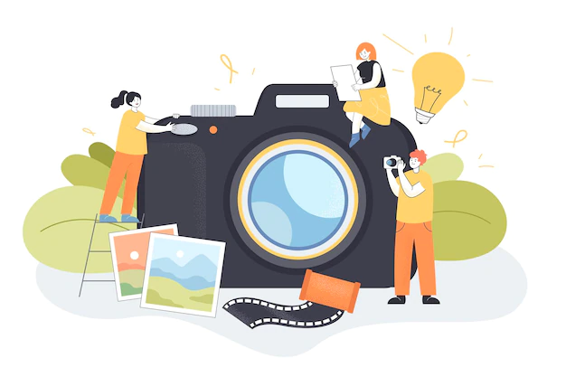 Free Vector | Huge camera and tiny people taking pictures. photographer with camera, photos of landscapes flat vector illustration. photography, occupation concept for banner, website design or landing web page