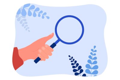 Free Vector | Human hand holding magnifying glass to search and find data. work of person looking through loupe, inspecting information and ideas flat vector illustration. scientific research, discovery concept