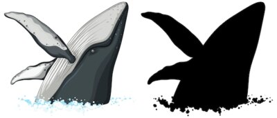 Free Vector | Humpback whale characters and its silhouette on white background