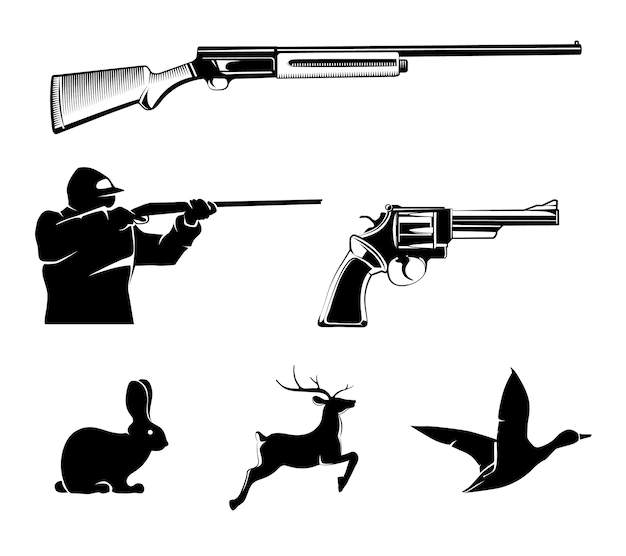 Free Vector | Hunting vector elements for vintage labels and emblems. deer and gun, hunt sport, pistol or revolver, wildlife and rifle illustration