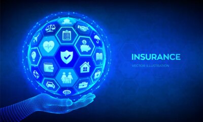 Free Vector | Insurance services concept. abstract 3d sphere or globe with icons in hand.