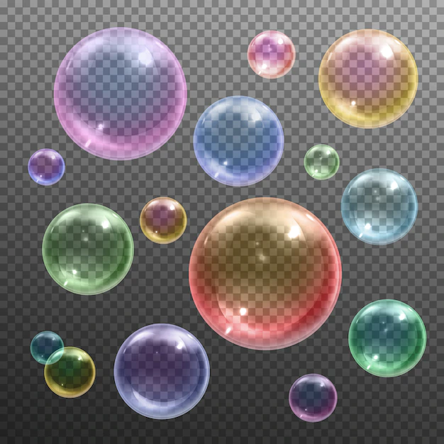 Free Vector | Iridescent colored shiny various sizes round soap bubbles floating against dark transparent  realistic