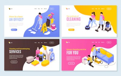 Free Vector | Isometric cleaning service horizontal banners collection with four web site compositions of images and clickable links