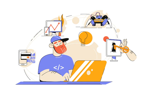 Free Vector | It specialist composition with flat view of hipster programmers workplace and icons cycle representing work pipeline vector illustration