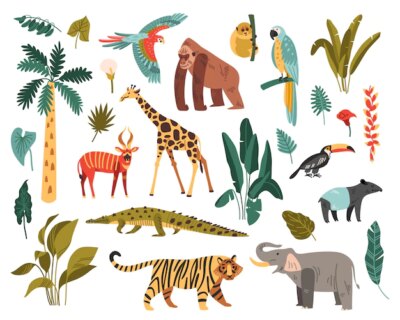 Free Vector | Jungle set of isolated icons with exotic birds and wild animals with tropical plants and trees vector illustration