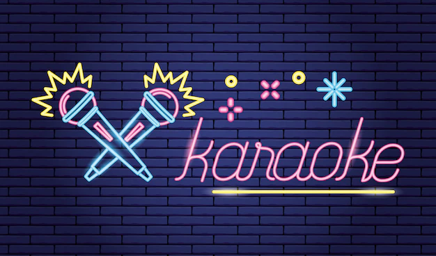 Free Vector | Karaoke with microphones and stars, neon style