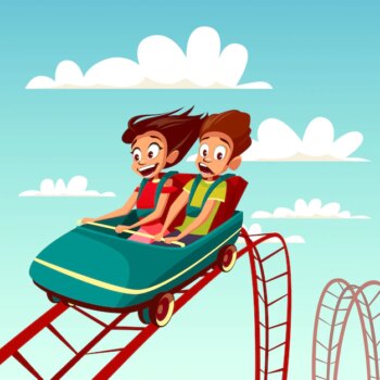 Free Vector | Kids on rollercoaster rides. boy and girl riding fast on rollercoaster.