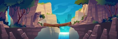 Free Vector | Log bridge between mountains above cliff in rock peaks landscape with waterfall and trees background. beautiful scenery nature view, beam bridgework connect rocky edges, cartoon vector illustration
